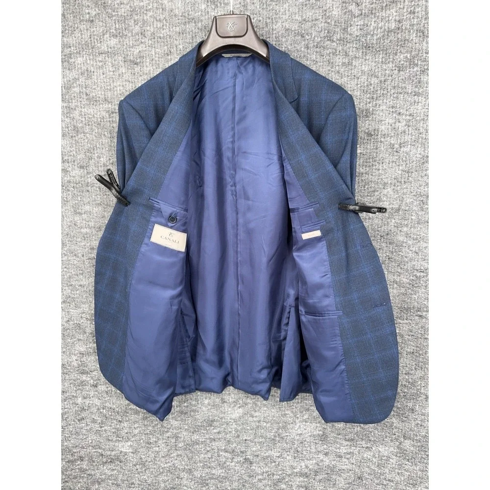 Canali Blazer Mens 48 Blue Wool Stretch Plaid 2 Button Sport Coat Made In Italy